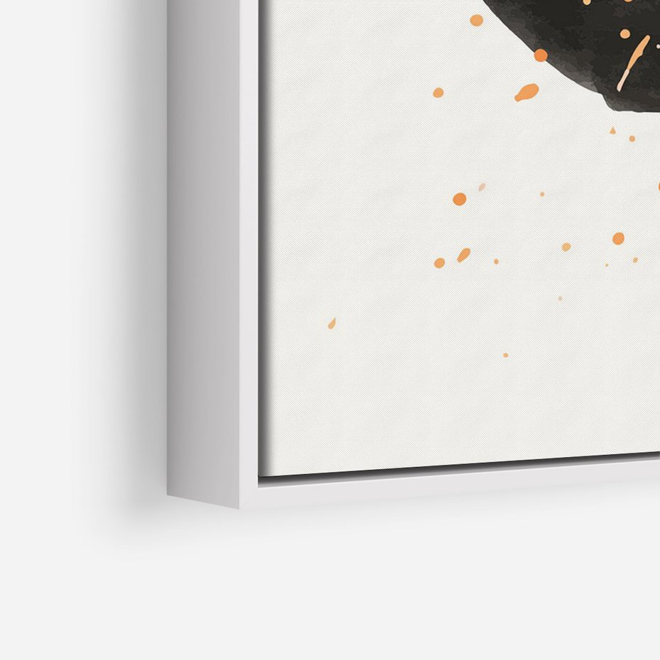 Obraz w ramie 70x100 - Wibracje Kolorów - abstrakcyjna czarna plama, rozsiane pomarańczowe kropki - rama biała