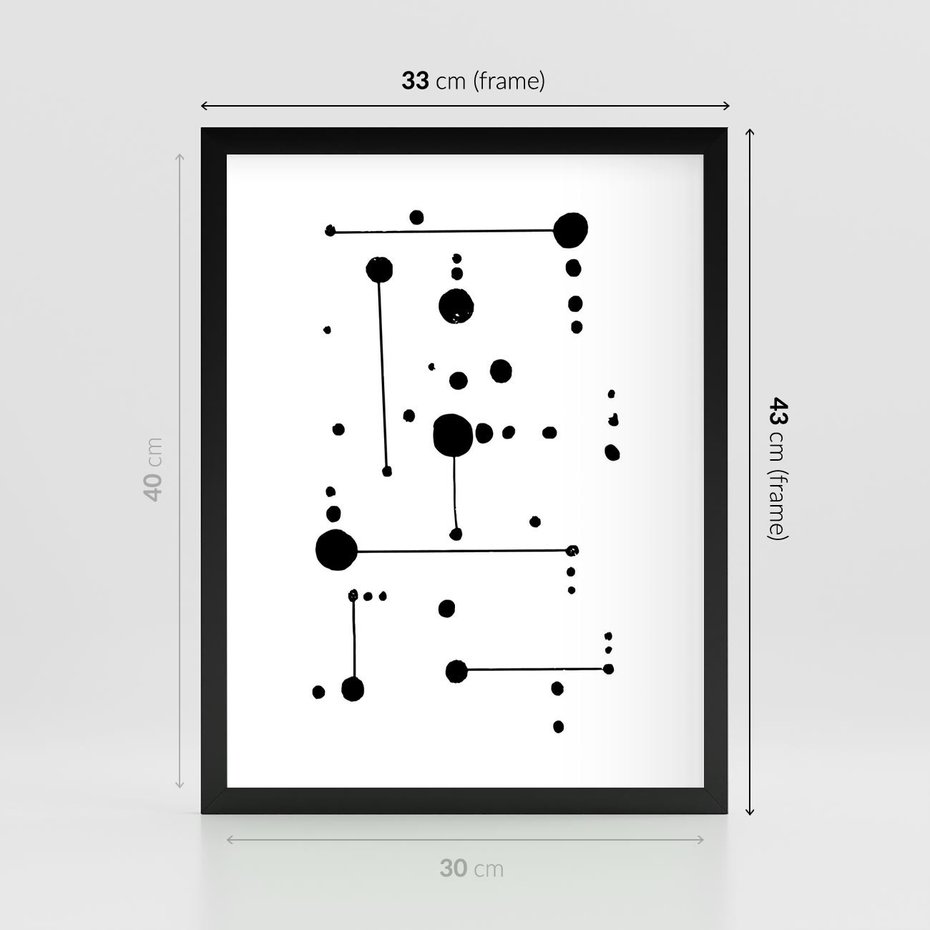 Plakat w ramie 30x40 - Nocne Zawirowania - abstrakcyjny plakat, czarne kropki i kreski - rama czarna