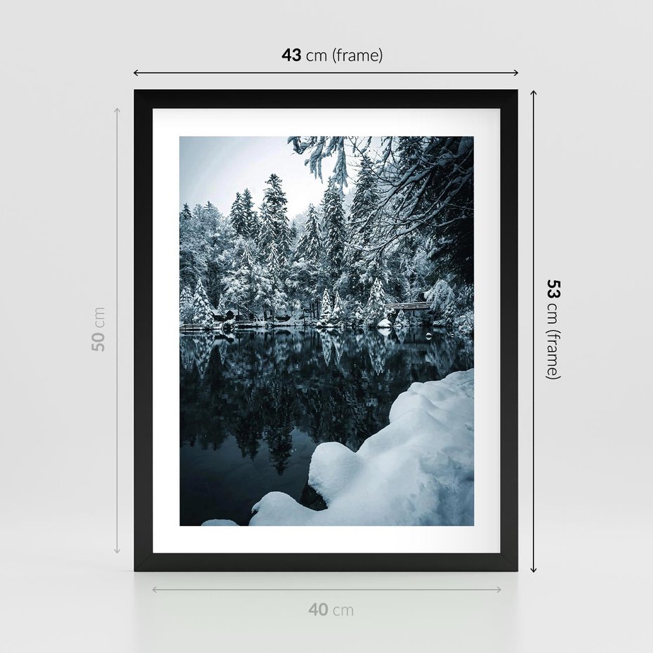 Plakat w ramie 40x50 - Zima nad Jeziorem - krajobraz zimowy, jezioro - rama czarna