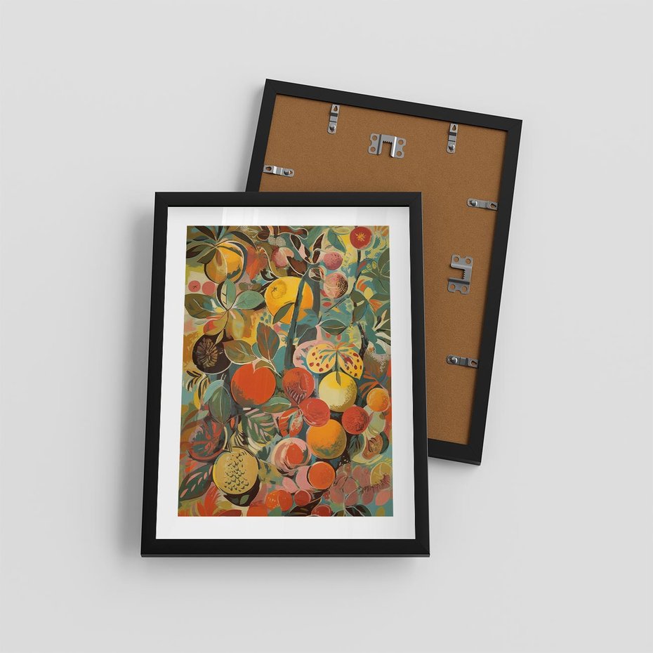 Plakat w ramie 30x40 - Księga Surrealnych Wyobrażeń - abstrakcyjny obraz owoców, jak picasso - rama czarna