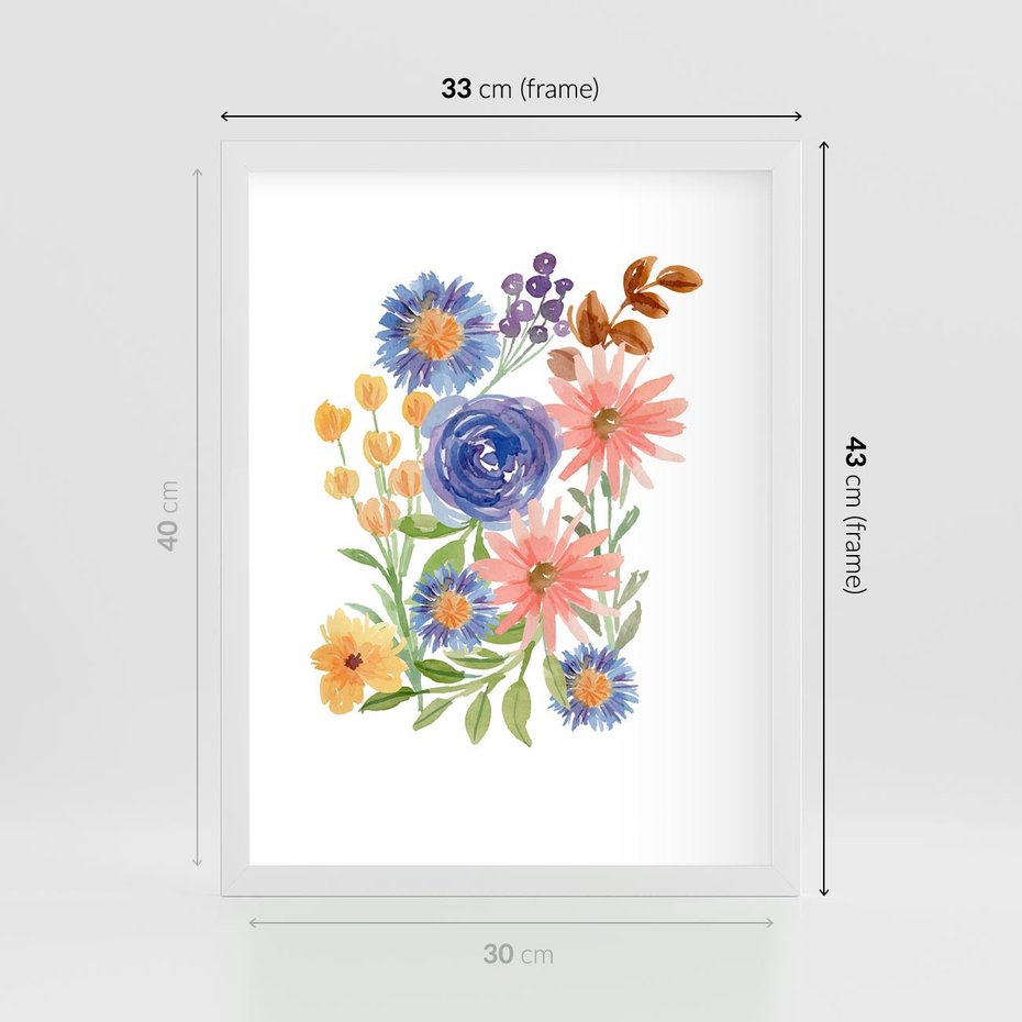 Plakat w ramie 30x40 - Migocące Widoki Kwiatów - akwarelowe polne kwiaty, minimalistyczny plakat - rama biała
