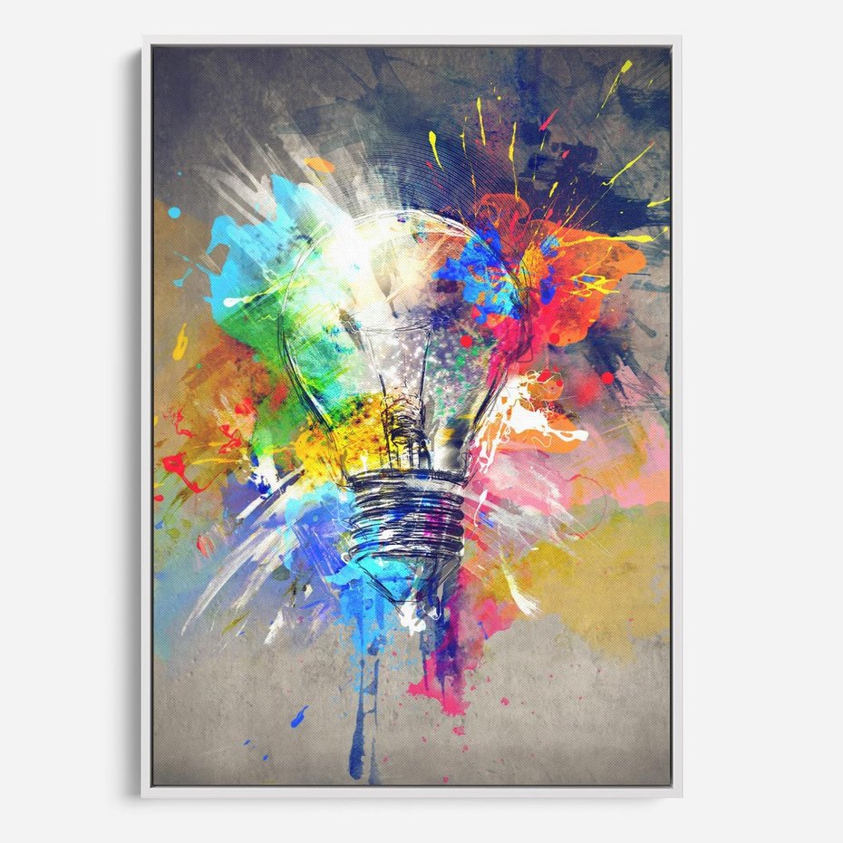 Obraz w ramie 50x70 - Kolory Kreatywnej Koncepcji - abstrakcyjna grafika, szkic żarówki - rama biała