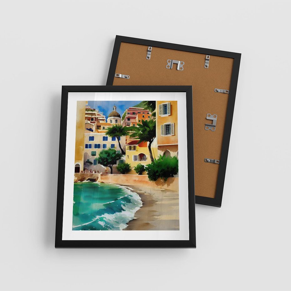 Plakat w ramie 40x50 - Zamieszkajmy Tu - akwarela, śródziemnomorski klimat - rama czarna