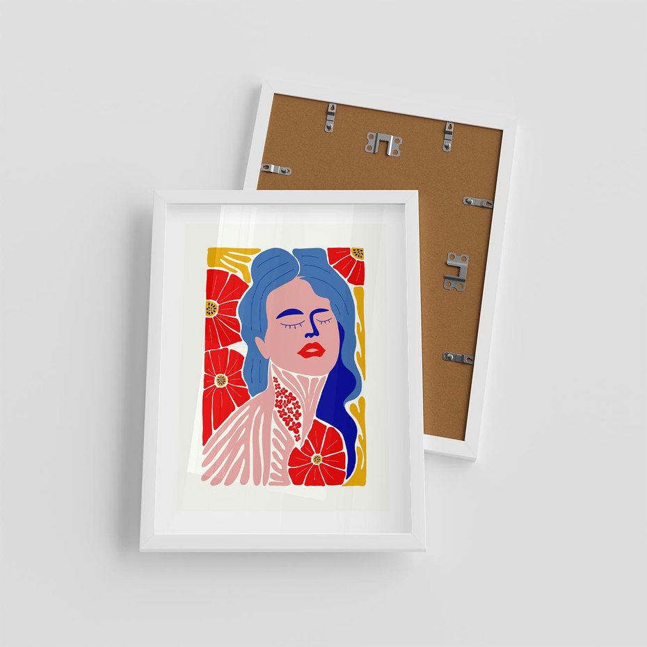 Plakat w ramie 30x40 - Nowoczesna Twarz - nowoczesna grafika, kolorowa twarz kobiety - rama biała