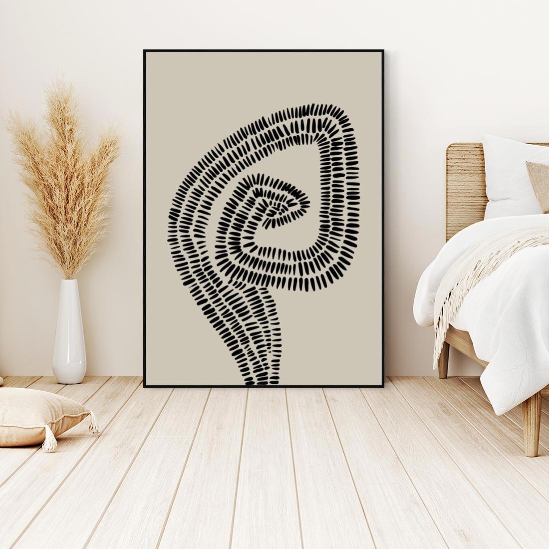 Obraz w ramie 70x100 - Nowoczesne Spektrum Wyobraźni - boho plakat, czarne kropki kreski - rama czarna