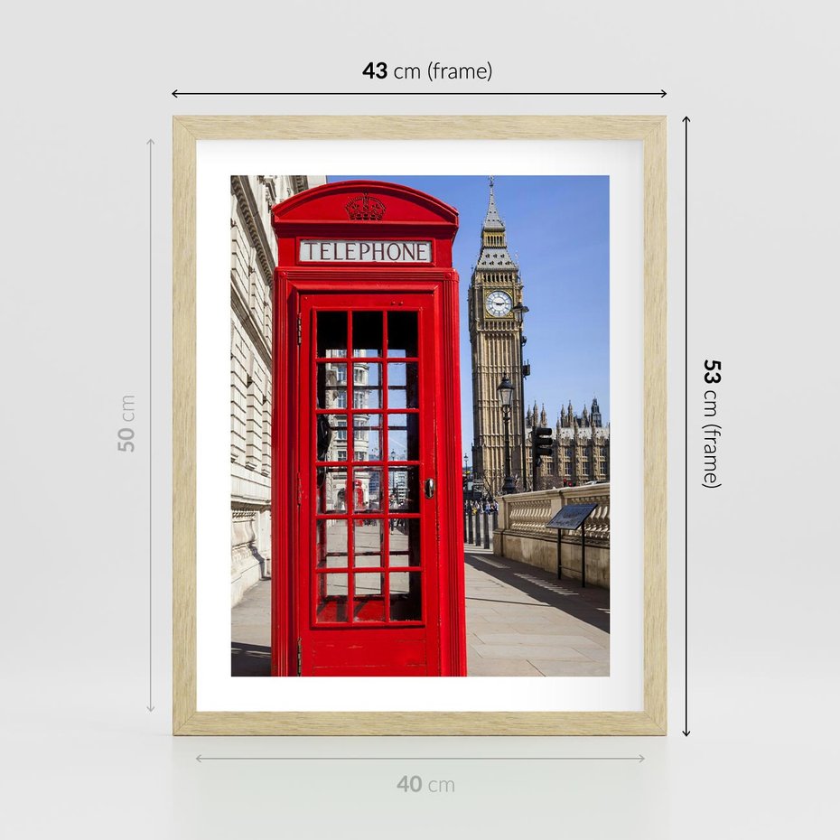 Plakat w ramie 40x50 - Ikoniczna budka telefoniczna w Londynie - budka, telefoniczna - rama drewno