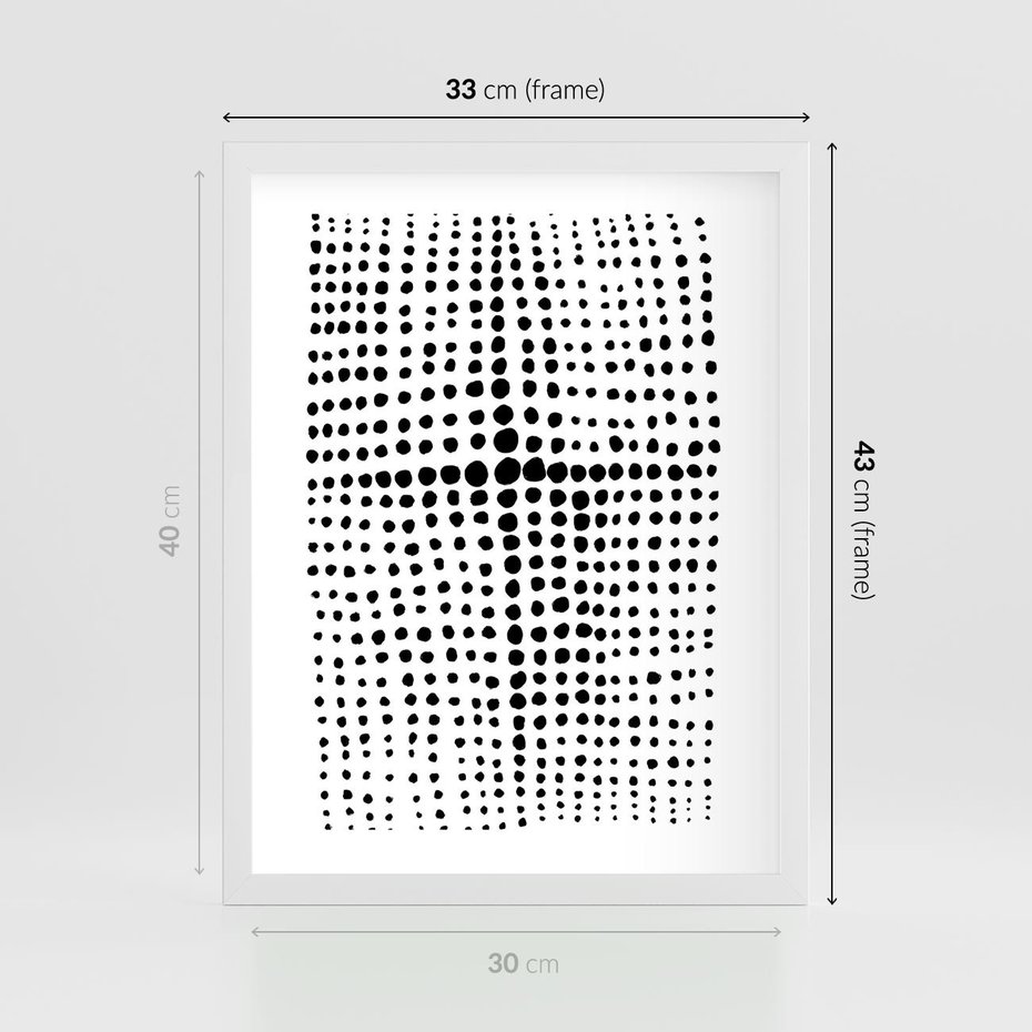 Plakat w ramie 30x40 - Refleksje Monochromatycznych Widoków - abstrakcyjna kompozycja z czarnych kropek, minimalistyczny czarno bialy plakat - rama biała