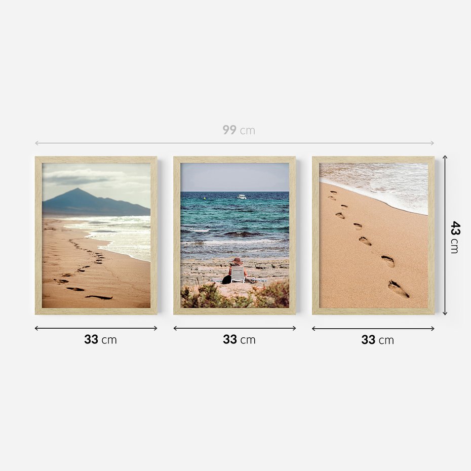 Zestaw obrazy w ramie 30x40 galeria - Plaża, zachód, słońca, ślady - rama drewno