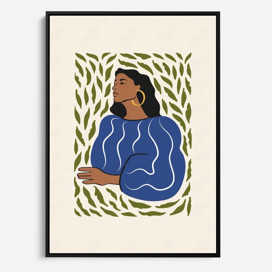 Obraz w ramie 70x100 - Rozbite Barwy - nowoczesny plakat, kobieta otoczona liśćmi - rama czarna