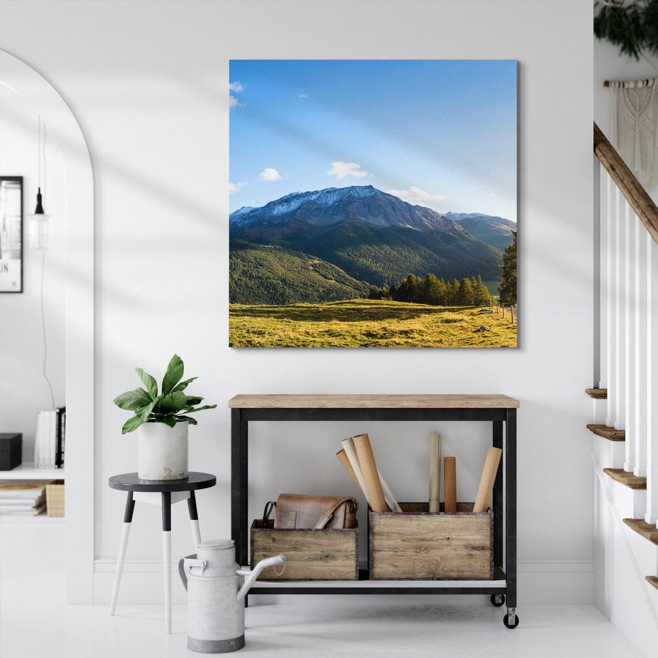 Obraz na płótnie 40x40 - Górski pejzaż: łąka i szczyty - góry, łąka