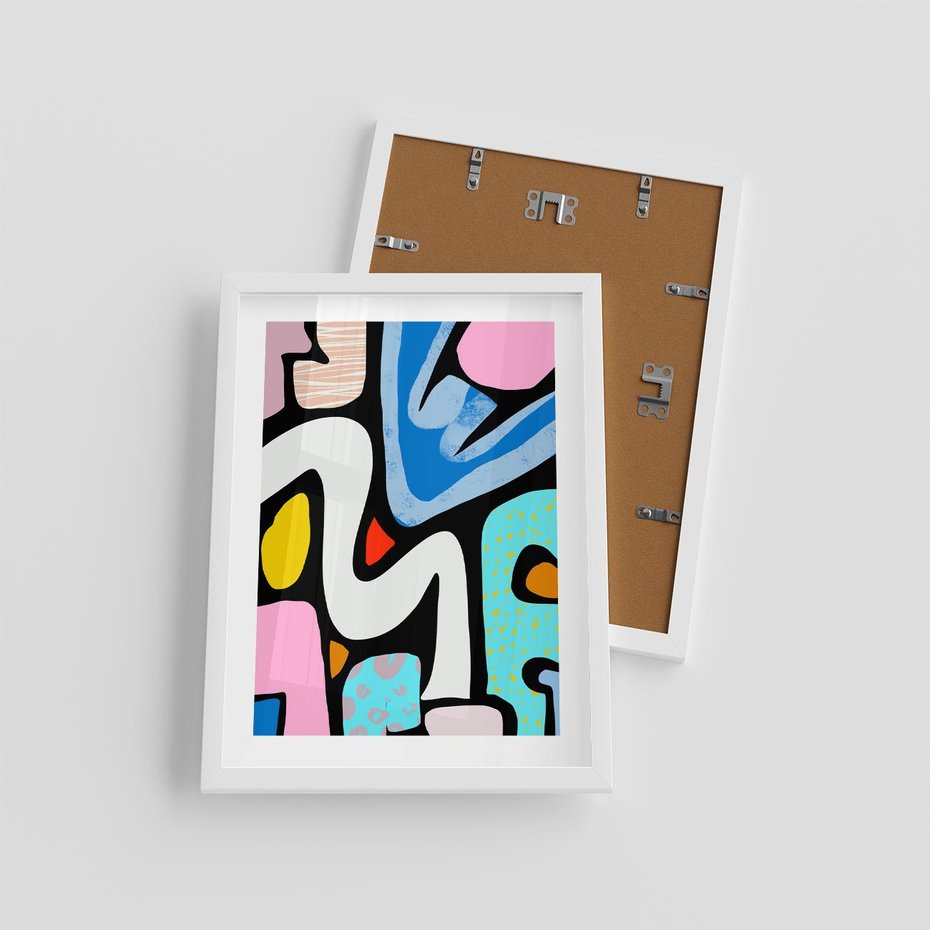 Plakat w ramie 30x40 - Komiksowe Formy - abstrakcyjne formy, komiksowy styl - rama biała