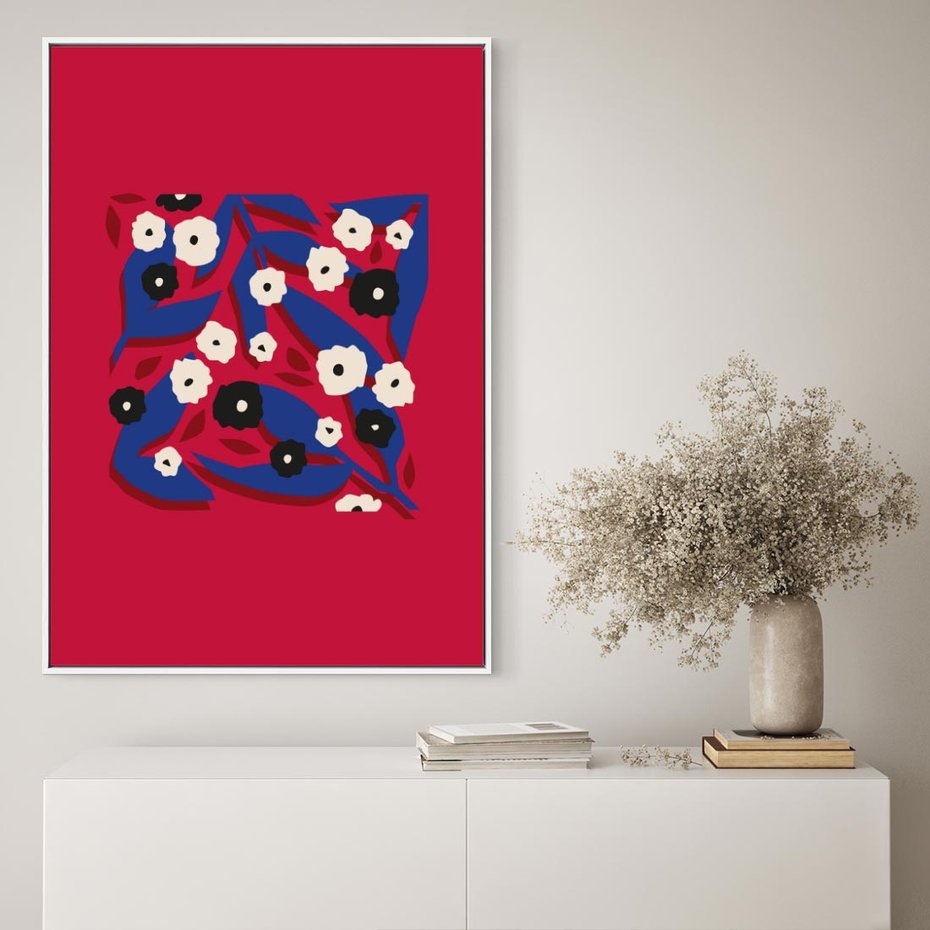 Obraz w ramie 50x70 - Kolorowe Przenikanie - abstrakcyjna kwiatowa kompozycja, czerwone mocne tło - rama biała