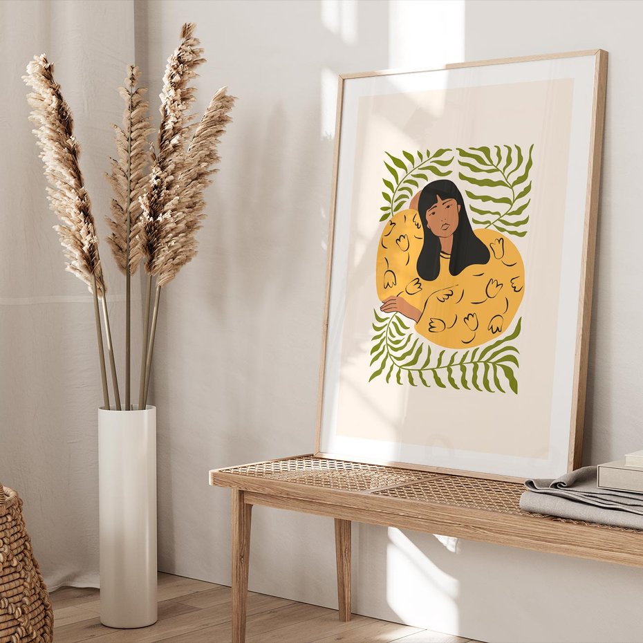 Plakat w ramie 50x70 - Malowane Odbicia Wyobraźni - nowoczesny plakat, kobieta otoczona liśćmi - rama drewno