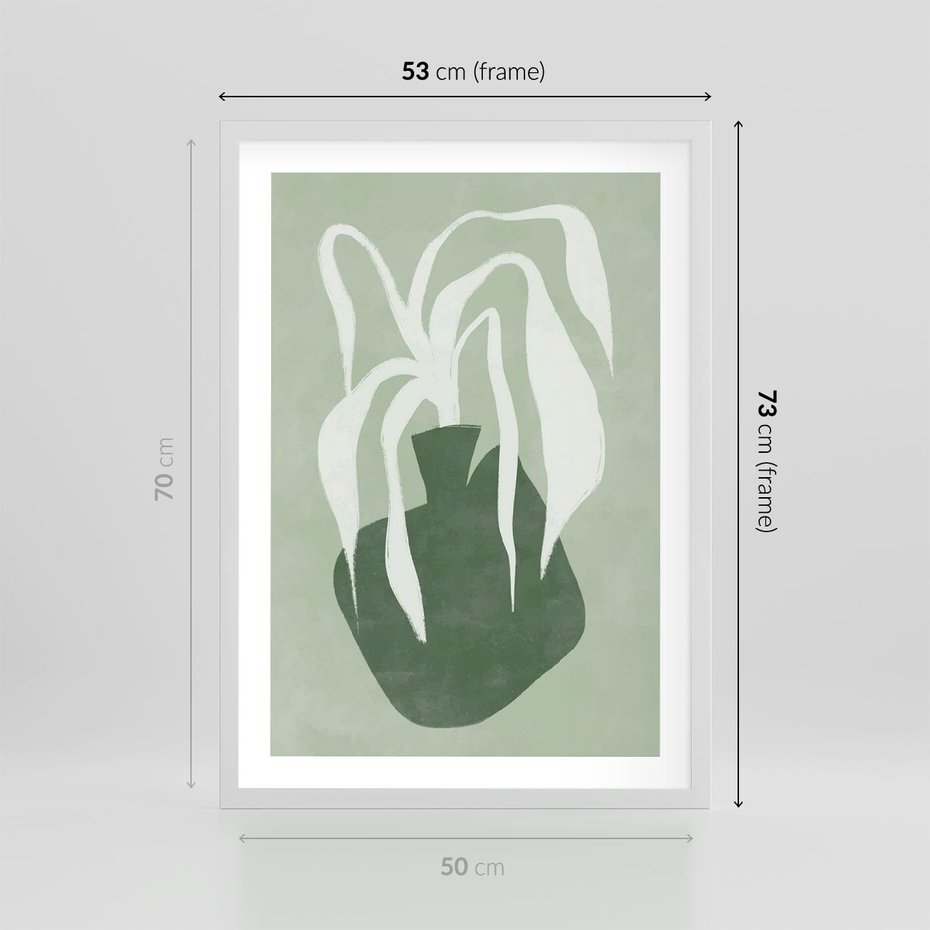 Plakat w ramie 50x70 - Zieleń Pulsującego Spokoju - zielona abstrakcja, zgaszona zieleń - rama biała