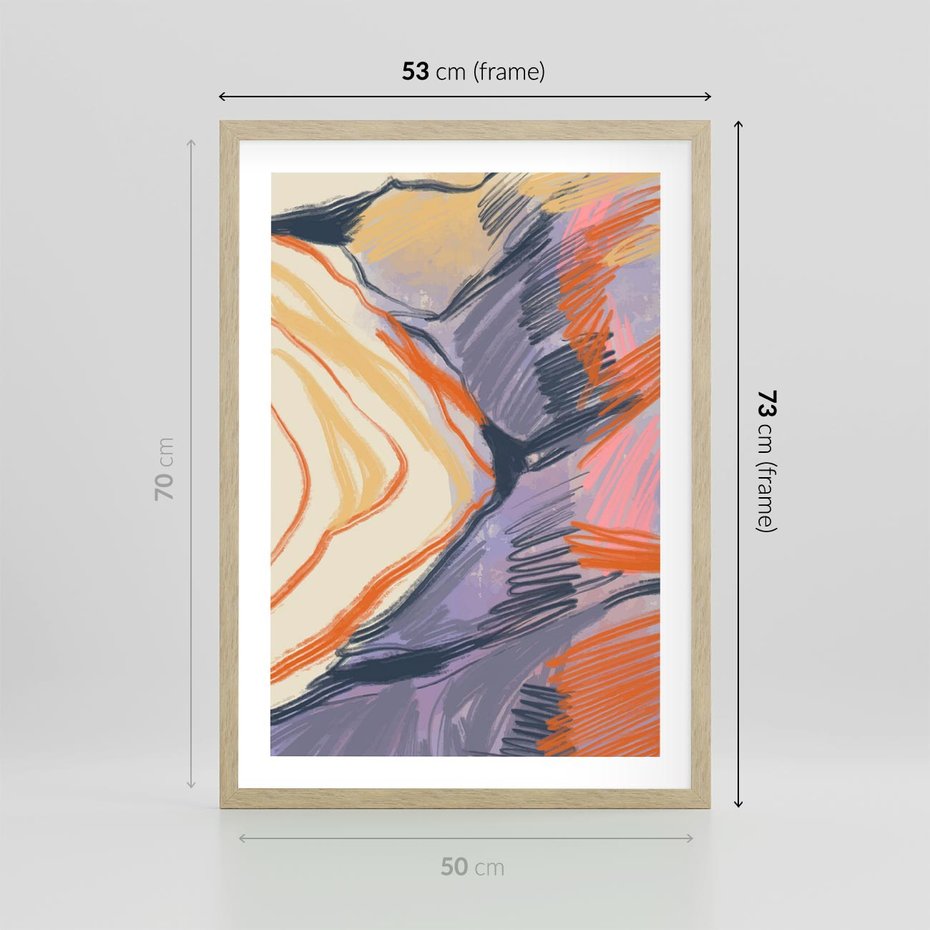 Plakat w ramie 50x70 - Pokreślony Świat - abstrakcyjne formy, odcienie pomarańczu i fioletu - rama drewno