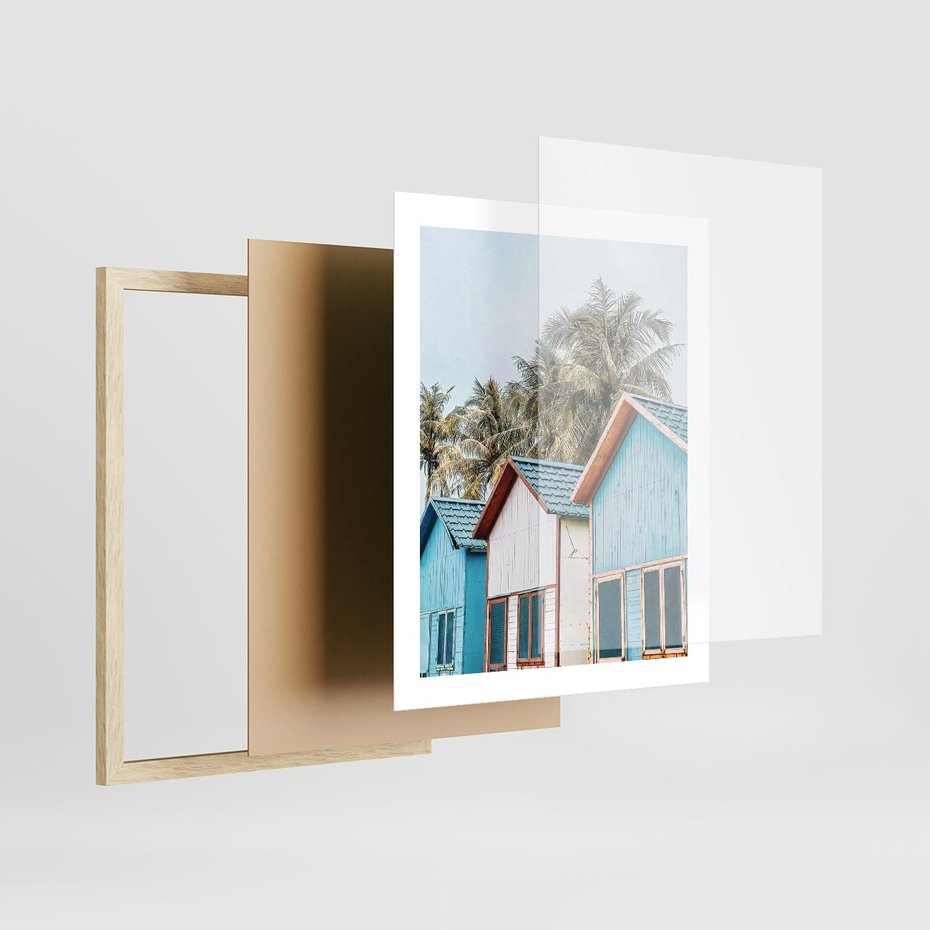 Plakat w ramie 40x50 - Rajskie Wakacje - domki na plaży, błękitne domki - rama drewno
