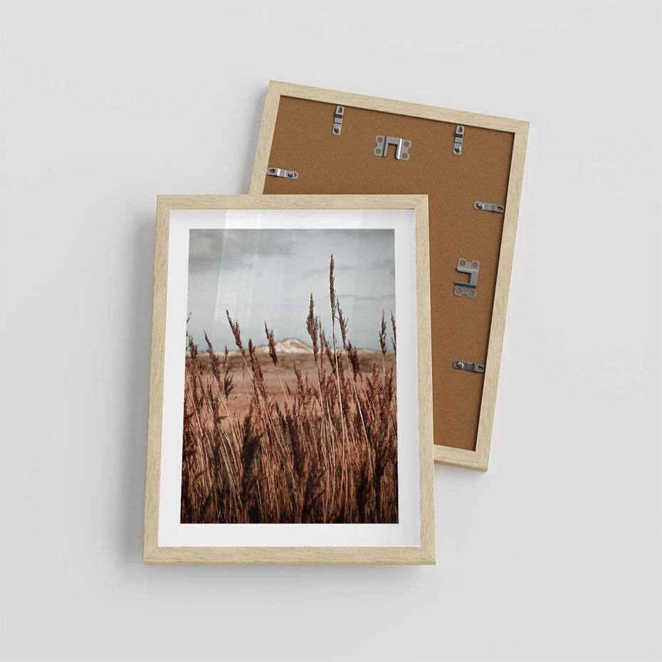 Plakat w ramie 30x40 - Wysokie Trawy w Górskim Krajobrazie - suche trawy, wysokie trawy - rama drewno