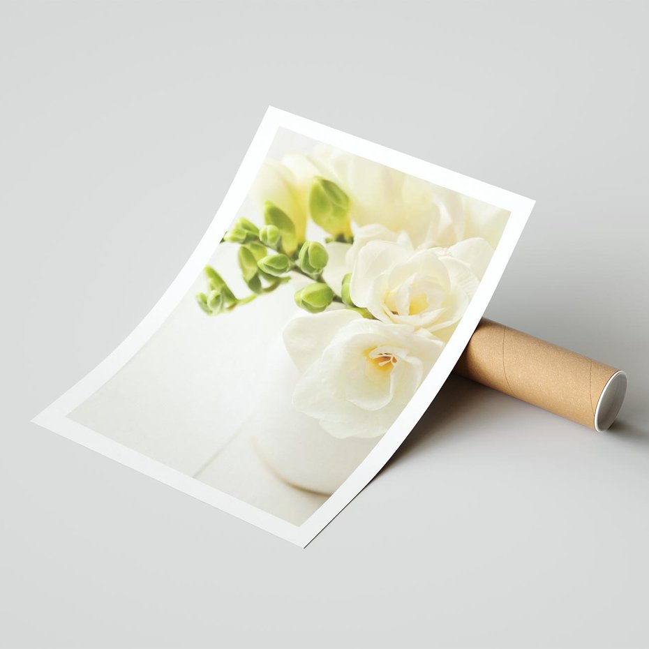 Plakat bez ramy 21x30 - Subtelność białych frezji - frezja, białe