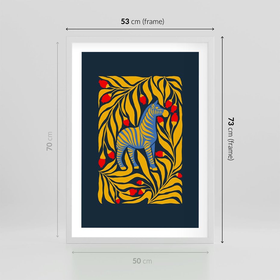 Plakat w ramie 50x70 - Wibracje Wyobraźni - zebra, granatowe tłó - rama biała