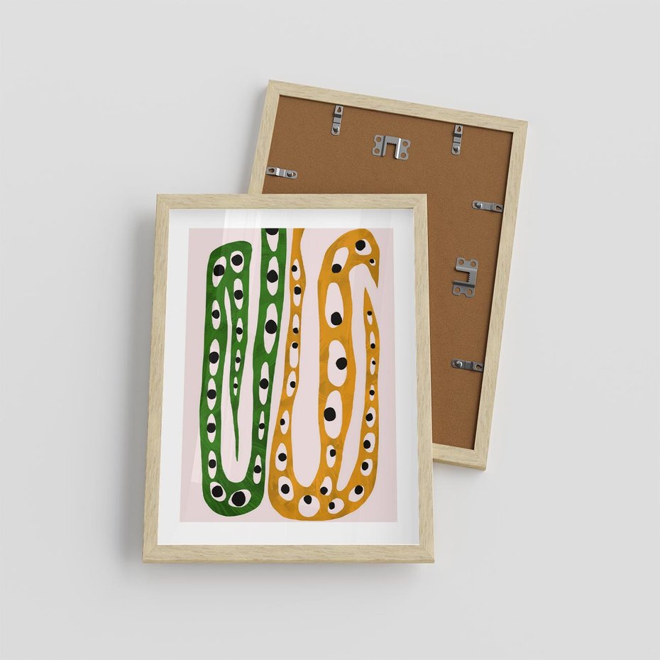 Plakat w ramie 30x40 - Migocące Zmaganie - abstrakcyjny obraz, dziwne kształty - rama drewno