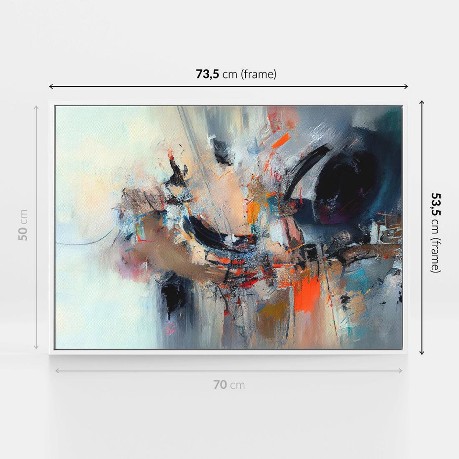 Obraz w ramie 70x50 - Kontrapunkty zatajonych uczuć - dynamiczna abstrakcja, bałagan na płótnie - rama biała
