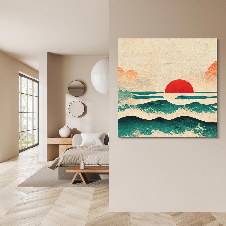 Obraz na płótnie 30x30 - Czerwone Melodie - japońska sztuka, zachód słońca nad oceanem