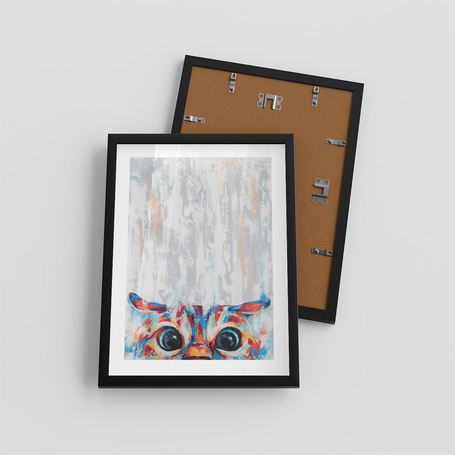Plakat w ramie 30x40 - Co ja Widzę - obraz olejny, śmieszny obraz kota - rama czarna