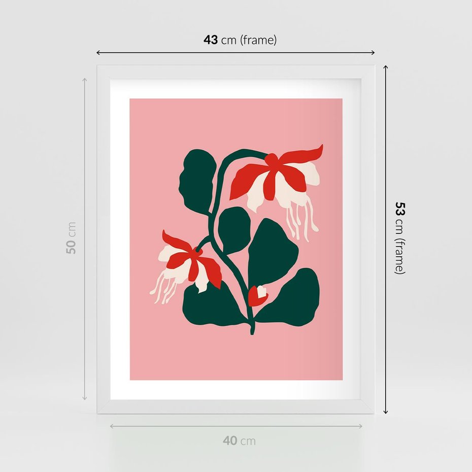 Plakat w ramie 40x50 - Migotliwa Kreatywność - abstrakcyjne kwiaty, różowe tło - rama biała