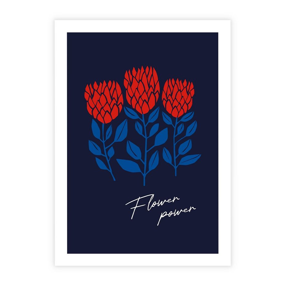 Plakat bez ramy 21x30 - Podróżne Barwy - czerwone abstrakcyjne kwiaty, granatowe tło