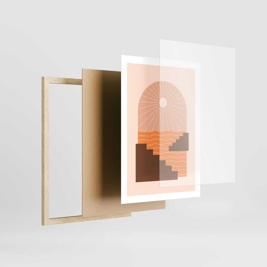 Plakat w ramie 50x70 - Słoneczne Inspiracje w Stylu Boho - boho grafika, słońce - rama drewno