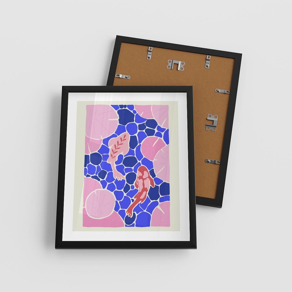 Plakat w ramie 40x50 - Rzeka Abstrakcji - abstrakcyjna kompozycja, różowe ryby wśród rafy - rama czarna