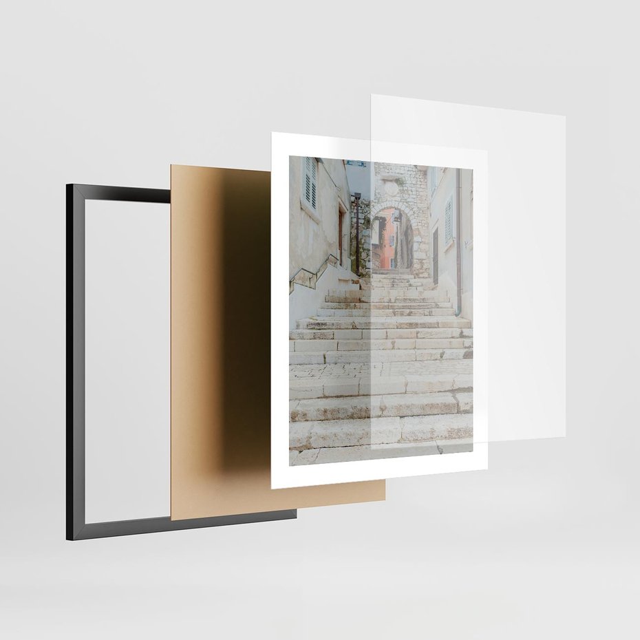 Plakat w ramie 40x50 - Schody we Włoskim Miasteczku - schody, śródziemnomorskie miasteczko - rama czarna