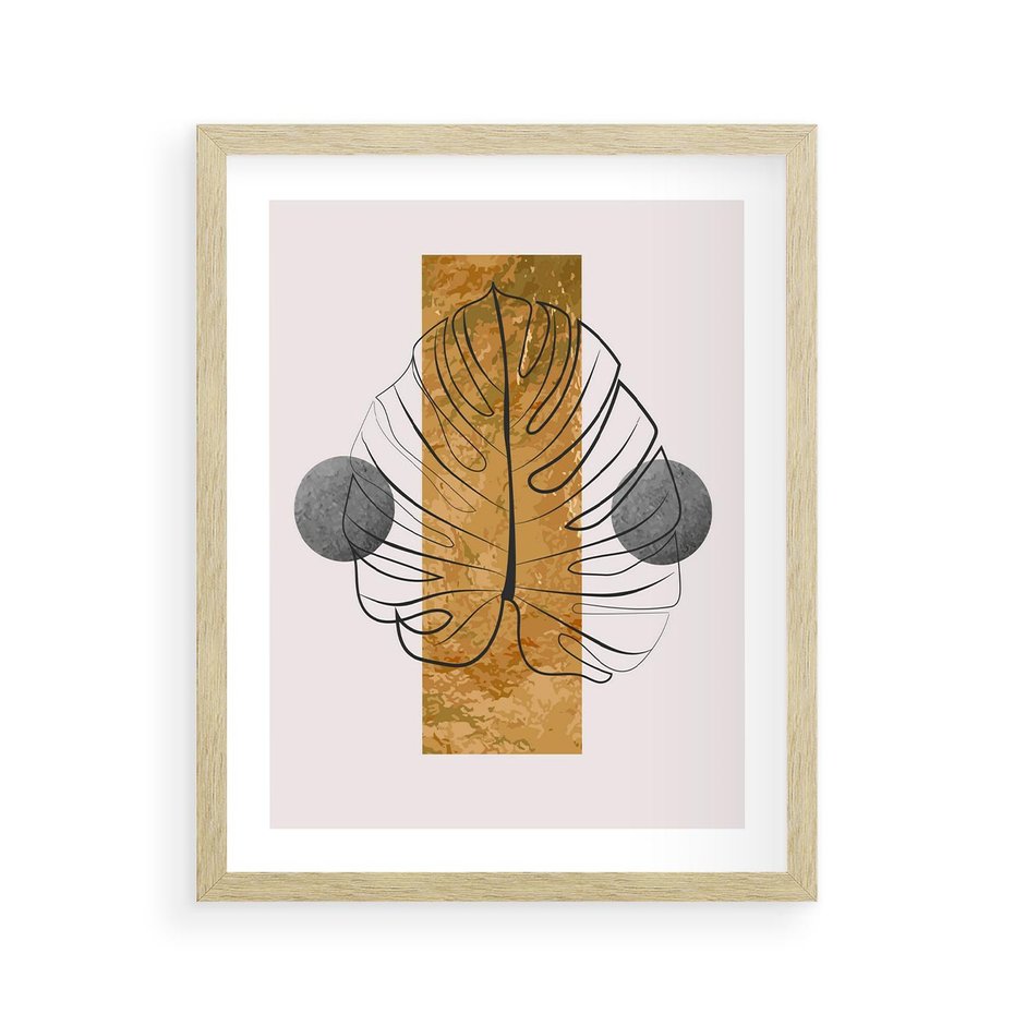 Plakat w ramie 40x50 - Minimalistyczna Monstera: Złoty Prostokąt - liść monstery, minimalizm - rama drewno