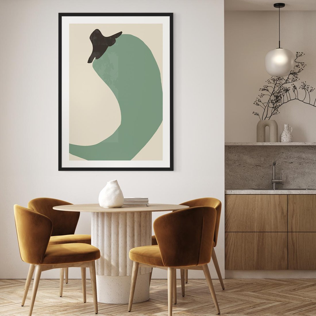 Plakat w ramie 50x70 - Granice Akwareli - abstrakcyjny minimalistyczny obraz, zielona papryczka - rama czarna