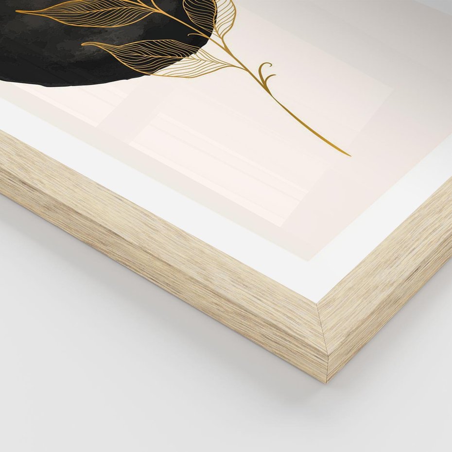 Plakat w ramie 50x70 - Złoty Liść na Czarnej Plamie - grafika, złoty liść - rama drewno