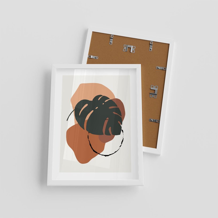 Plakat w ramie 30x40 - Brązowa Ekspresja - liść monstery, boho obraz - rama biała