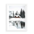 Plakat w ramie 50x70 - Urok Zimowego Krajobrazu - domek w górach, zima - rama biała