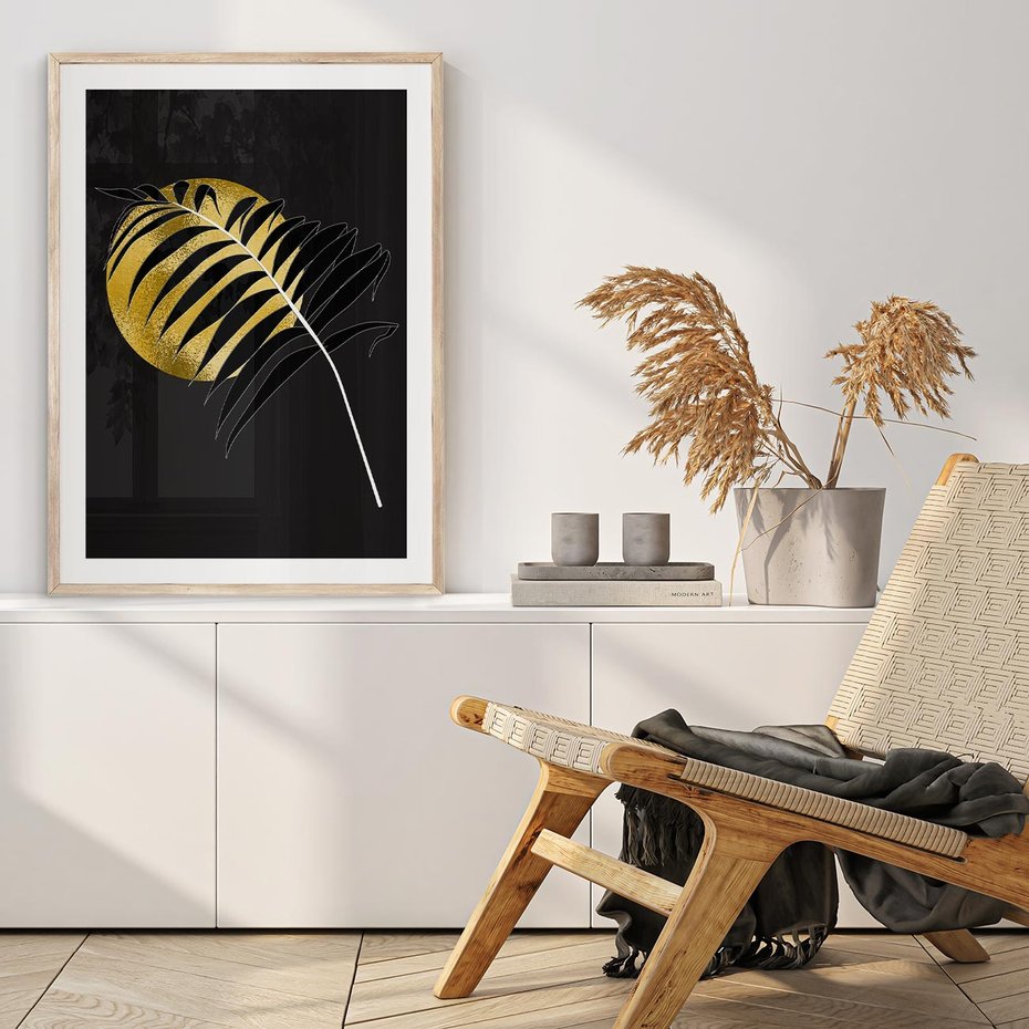 Plakat w ramie 30x40 - Egzotyczna Elegancja - palma, na czarnym tle - rama drewno