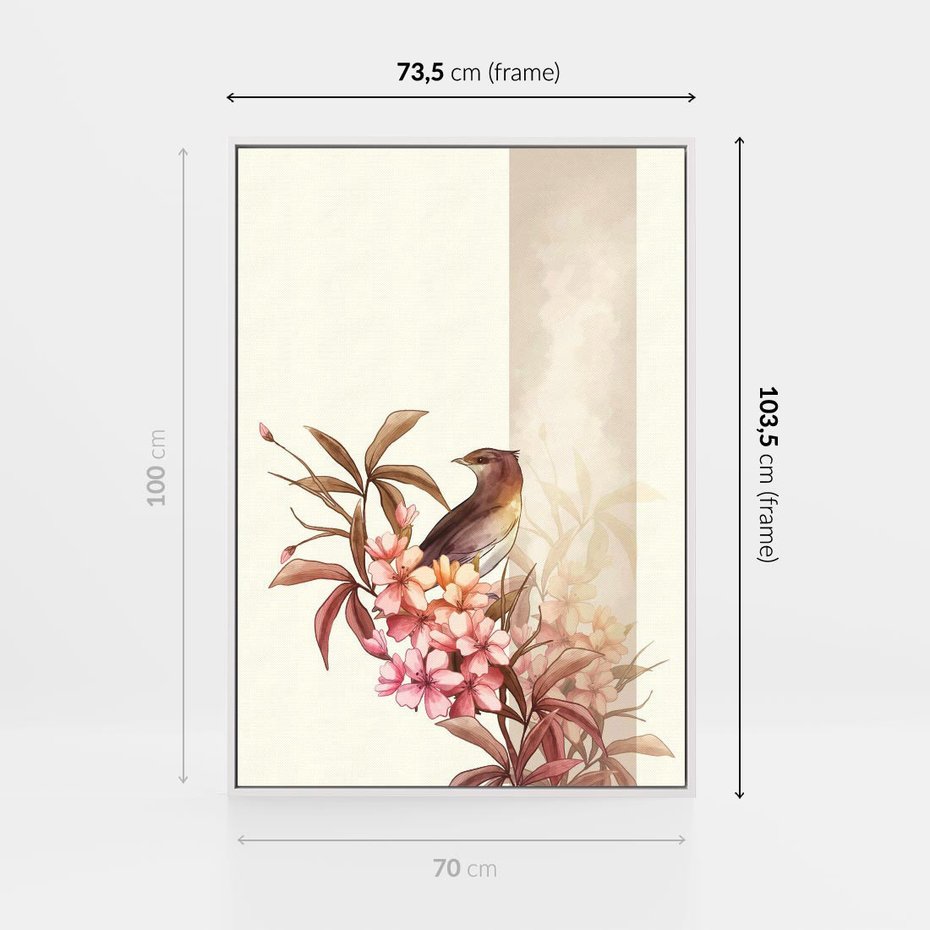 Obraz w ramie 70x100 - Kwiatowe Zanurzenie - japońska sztuka, ptak - rama biała