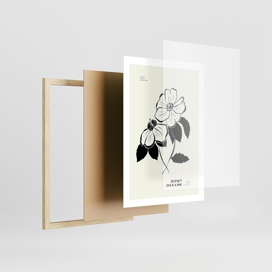 Plakat w ramie 50x70 - Poezja kwiecistej kreski - kwiaty, minimalistyczne - rama drewno