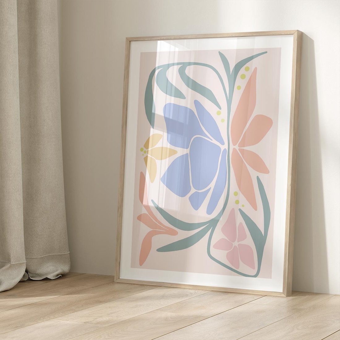 Plakat w ramie 50x70 - Pastele Kwiatowych Plam - pastelowe kwiaty, na beżowym tle - rama drewno