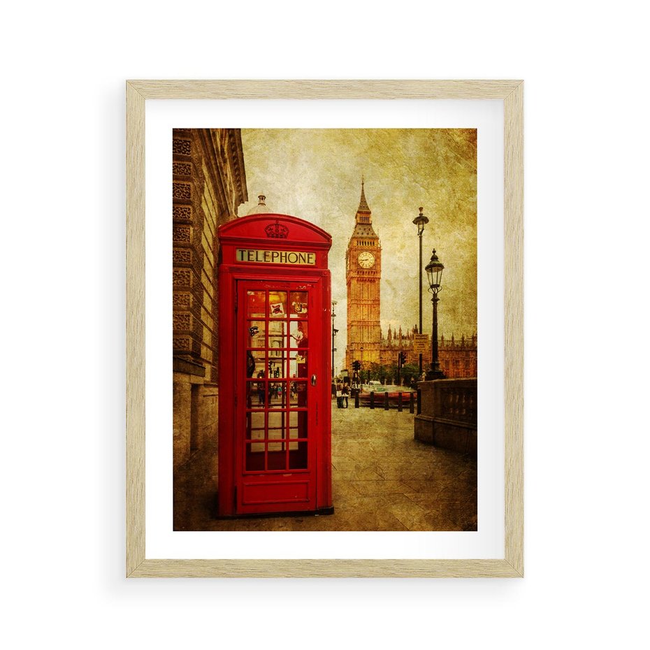 Plakat w ramie 40x50 - Ikoniczna budka telefoniczna w Londynie - sepia, budka - rama drewno