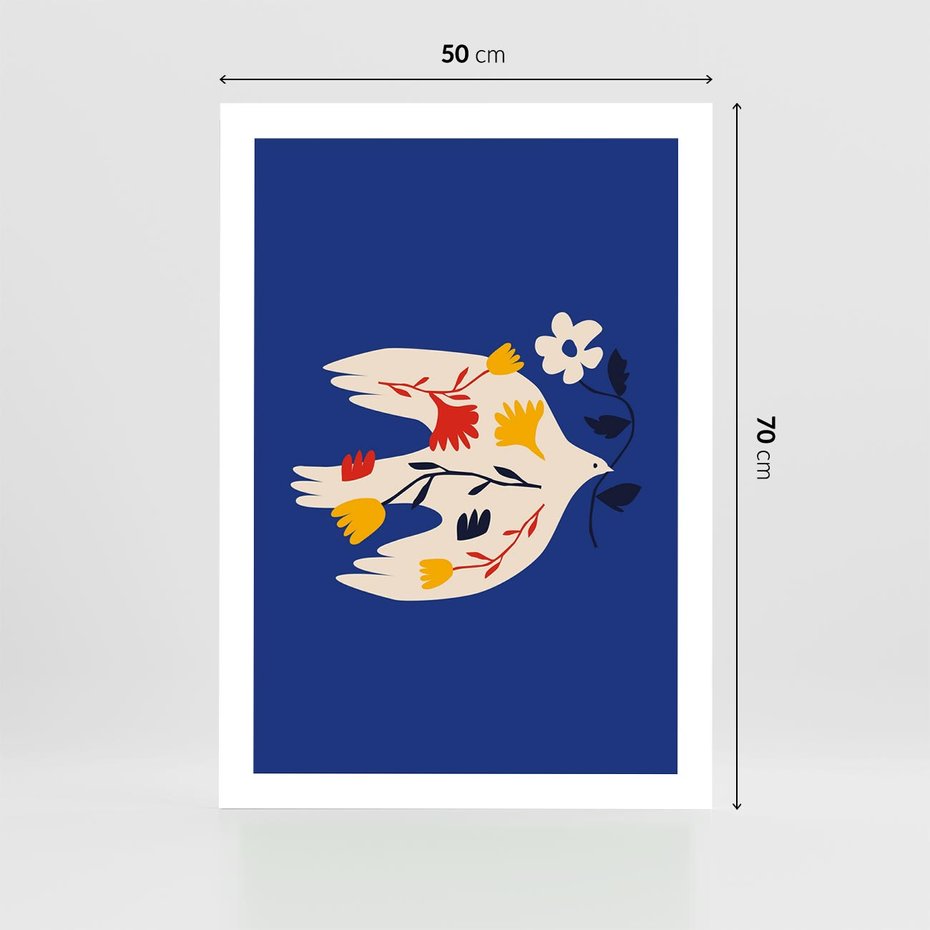 Plakat bez ramy 50x70 - Bezczasowy Szept - niebieskie tło, abstrakcyjny biały ptak