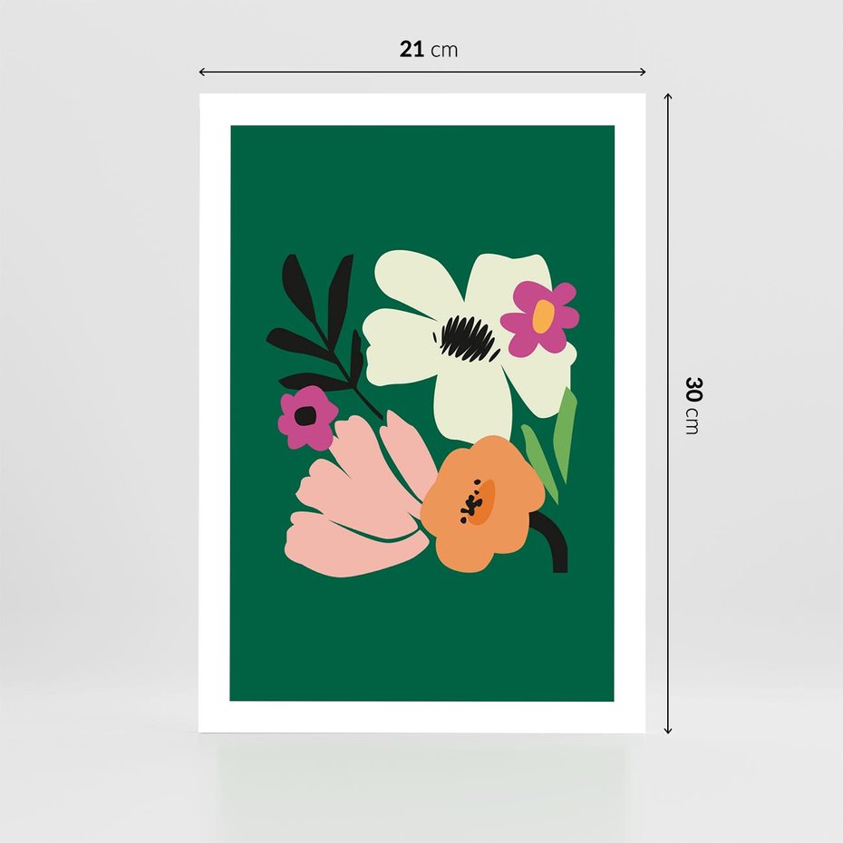 Plakat bez ramy 21x30 - Rozbijające Echa - abstrakcyjne kwiaty, zielone tło