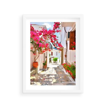 Plakat w ramie 30x40 - Kwiatowa uliczka wakacji - kwiaty, uliczka - rama biała
