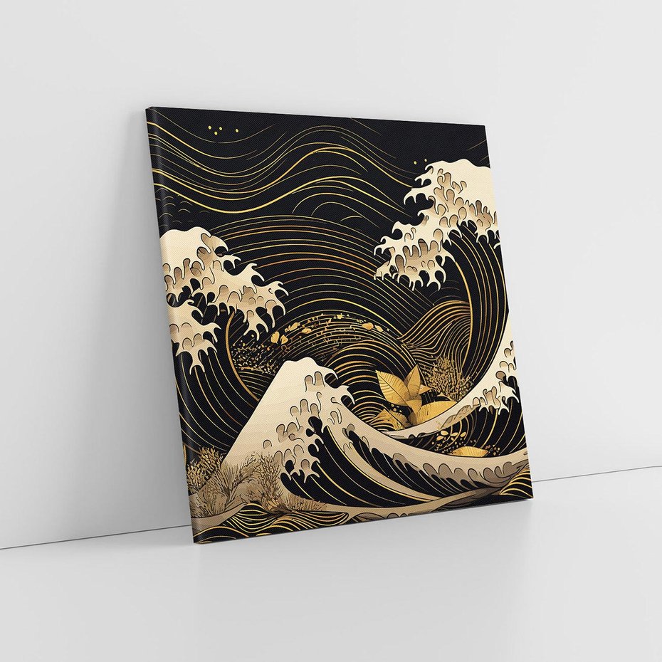 Obraz na płótnie 40x40 - Złote Piękno - ciemny obraz, fala morska