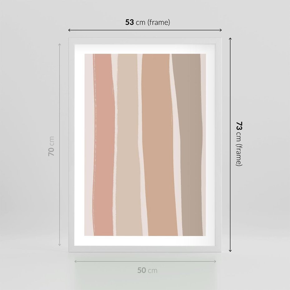 Plakat w ramie 50x70 - Tęczowa Zgaszona Aura - abstakcyjne tęczowe pasy, delikatne odcienie beżu - rama biała