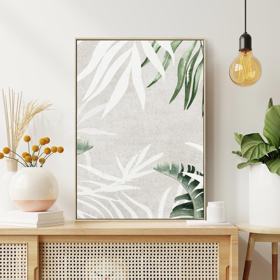 Obraz w ramie 80x120 - Zielony Raj - monstera, palmy - rama drewno