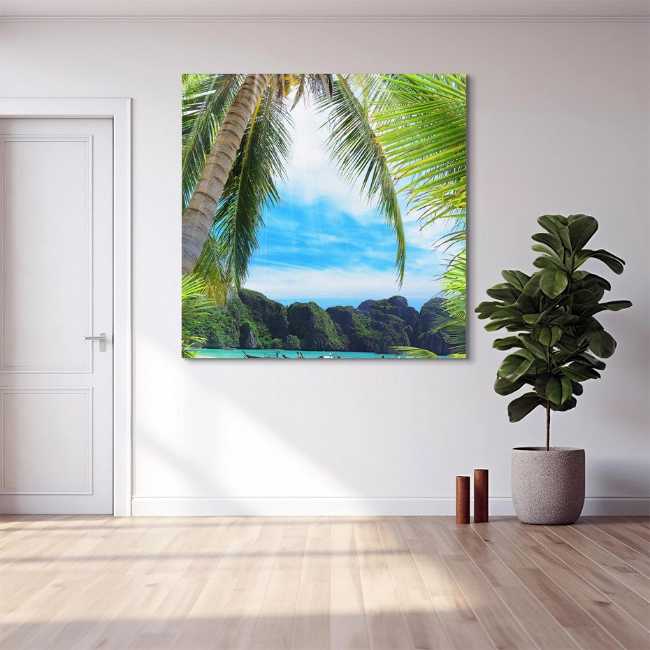 Obraz na płótnie 80x80 - Palmy tańczące na tropikalnej plaży - palmy, plaża