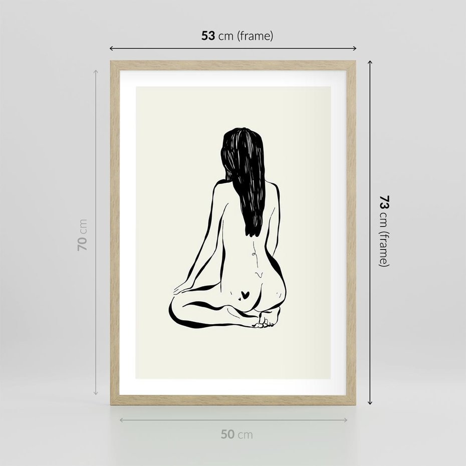 Plakat w ramie 50x70 - Minimalistyczna Piękność: Kobieta w Sztuce - grafika minimalizm, rysunek kobiety - rama drewno